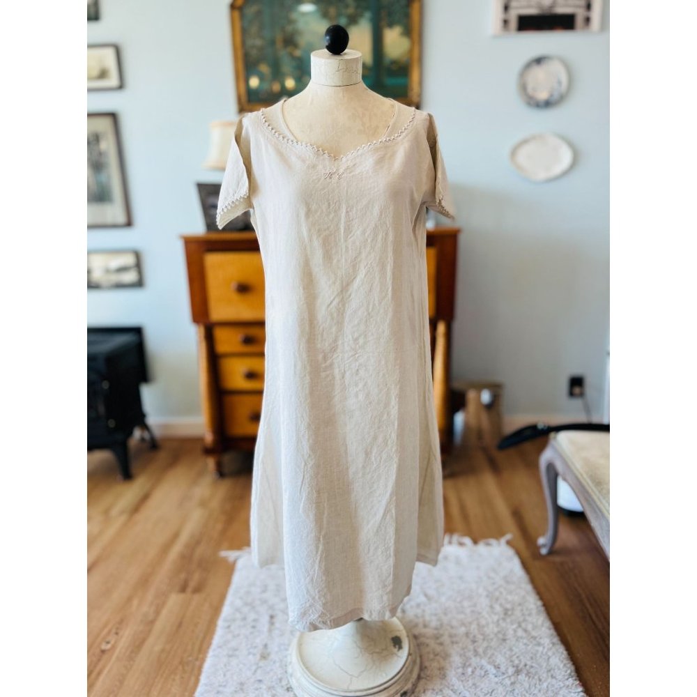 Antique 1800's French Linen Cottagecore Long Chemise Dress / Tunic / Smock / Sco